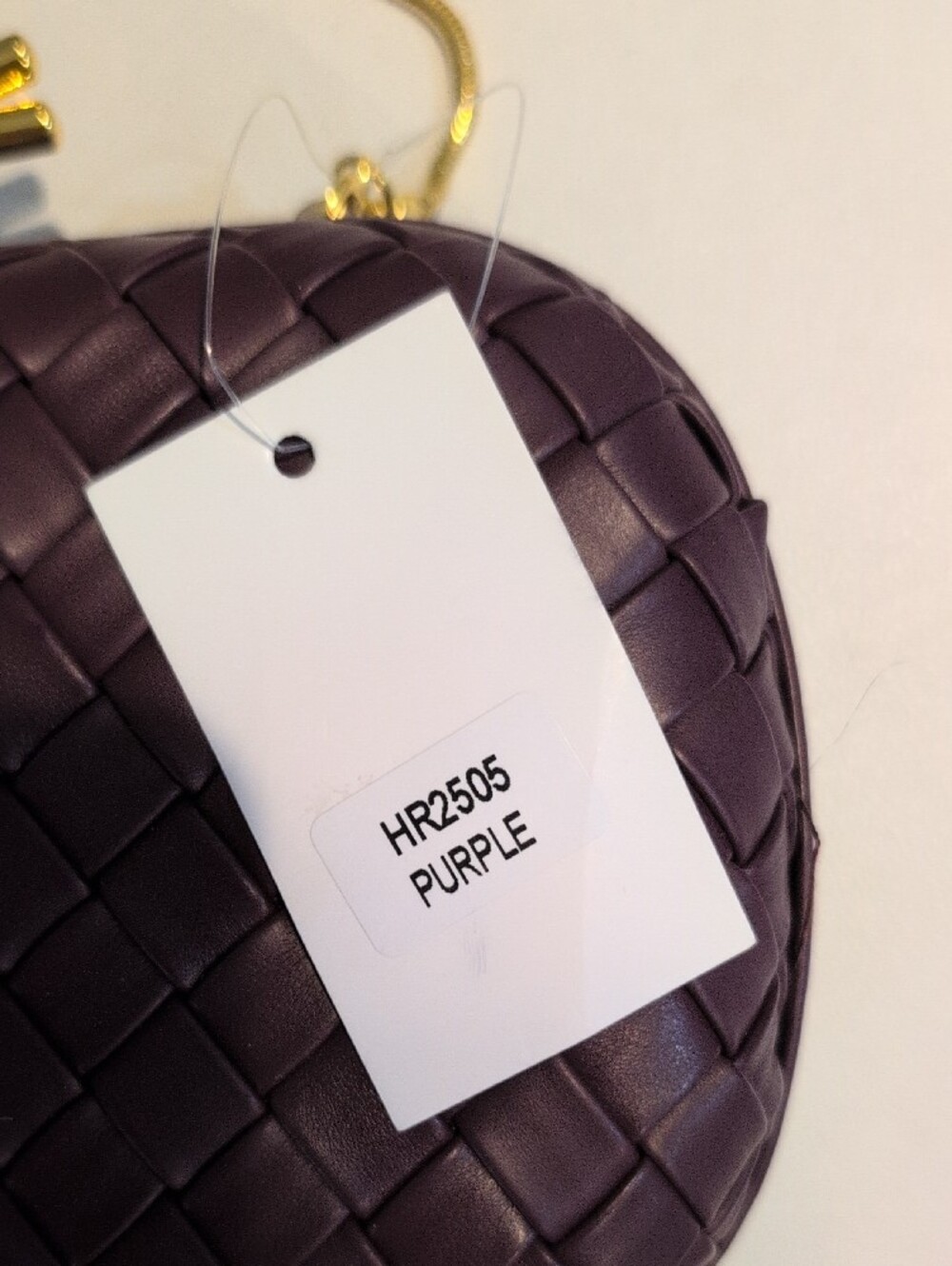 Woven Leather Purple Crossbody Clutch with Gold Chain - Picture 2 of 16